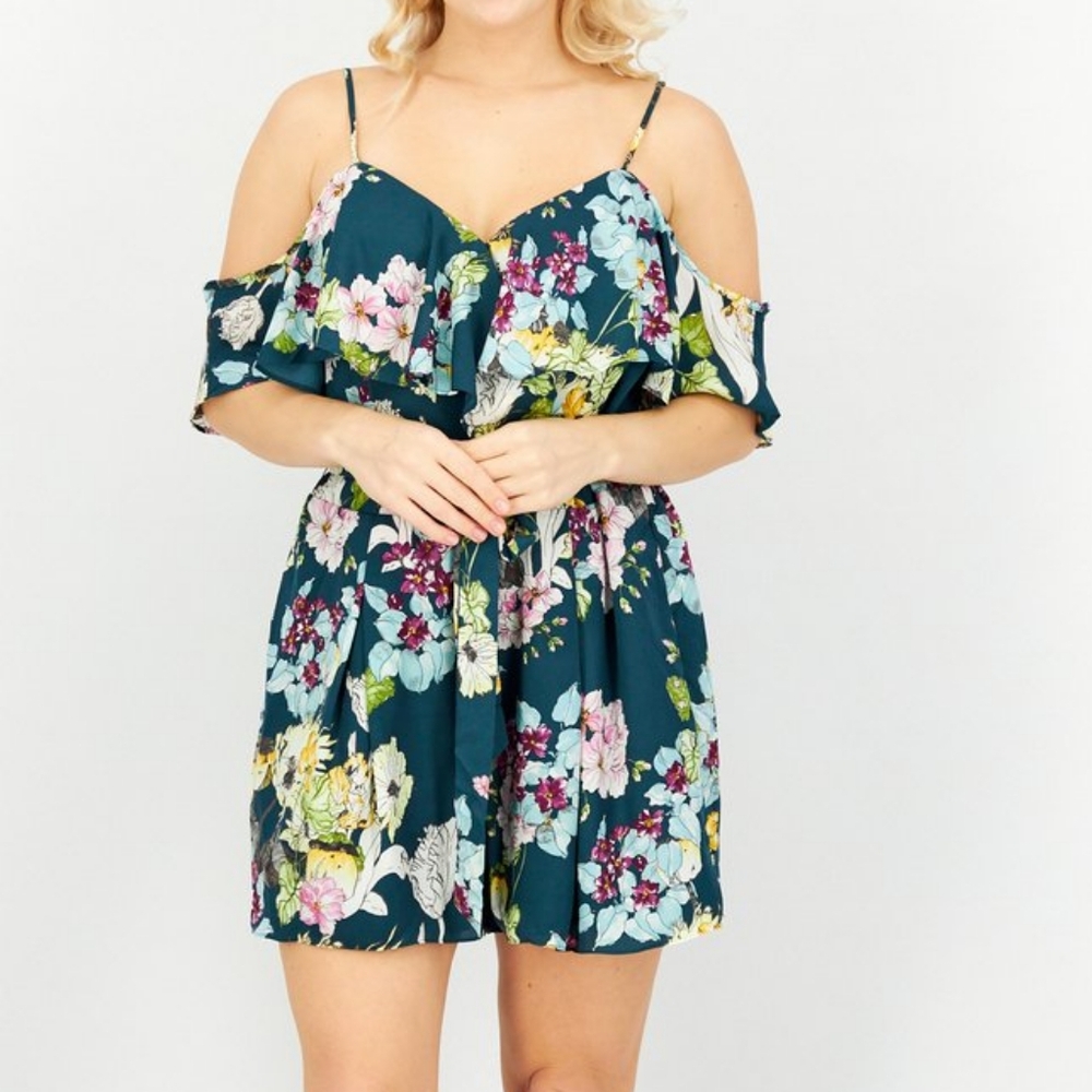 Guess Teal Floral Cold-Shoulder Romper